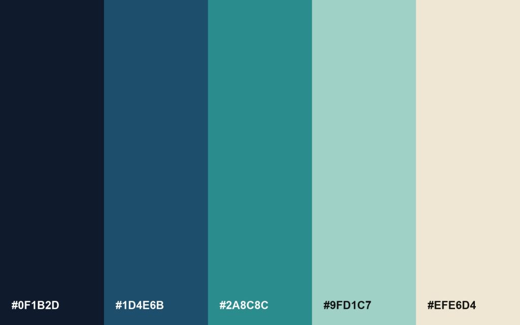 A cool palette of deep blue, teal and sand