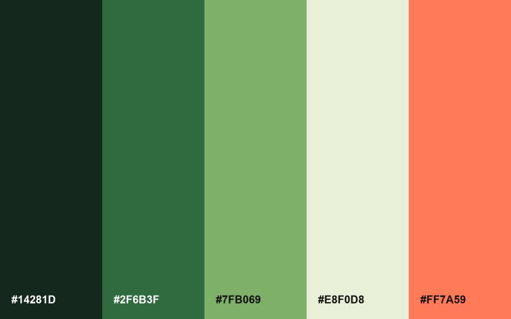 A fresh palette of greens with a coral accent